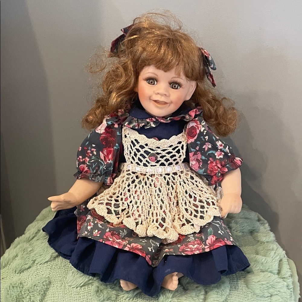 Floral Dress Porcelain Doll with Brown Hair